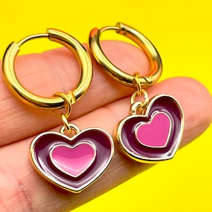 Pink & Purple Heart Huggie Earrings: Gold Stainless Steel Hoops