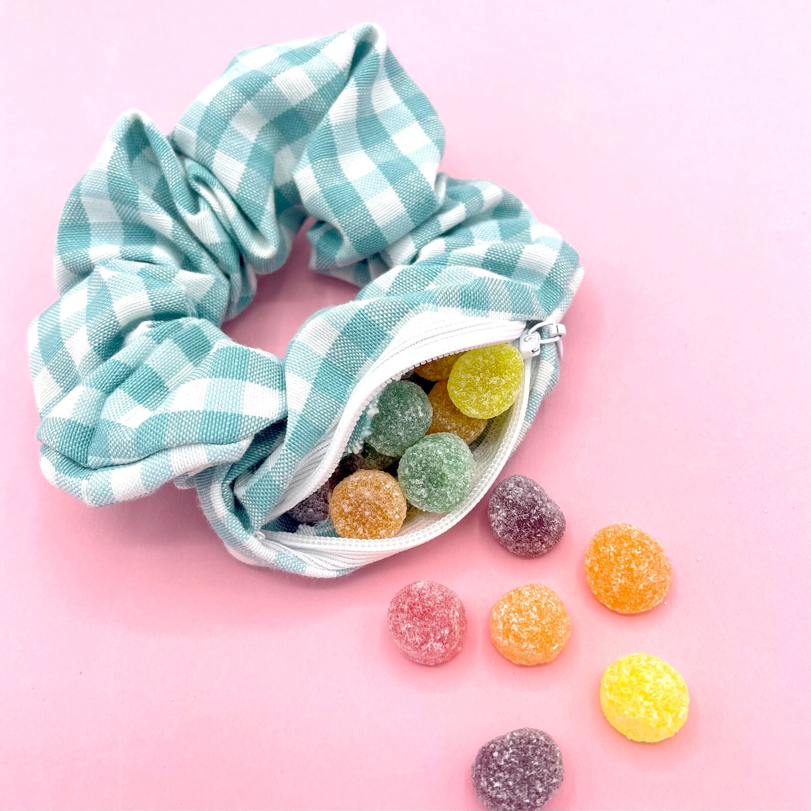 Zipper Scrunchie Aqua Blue Gingham Secret Pocket Zip Etsy