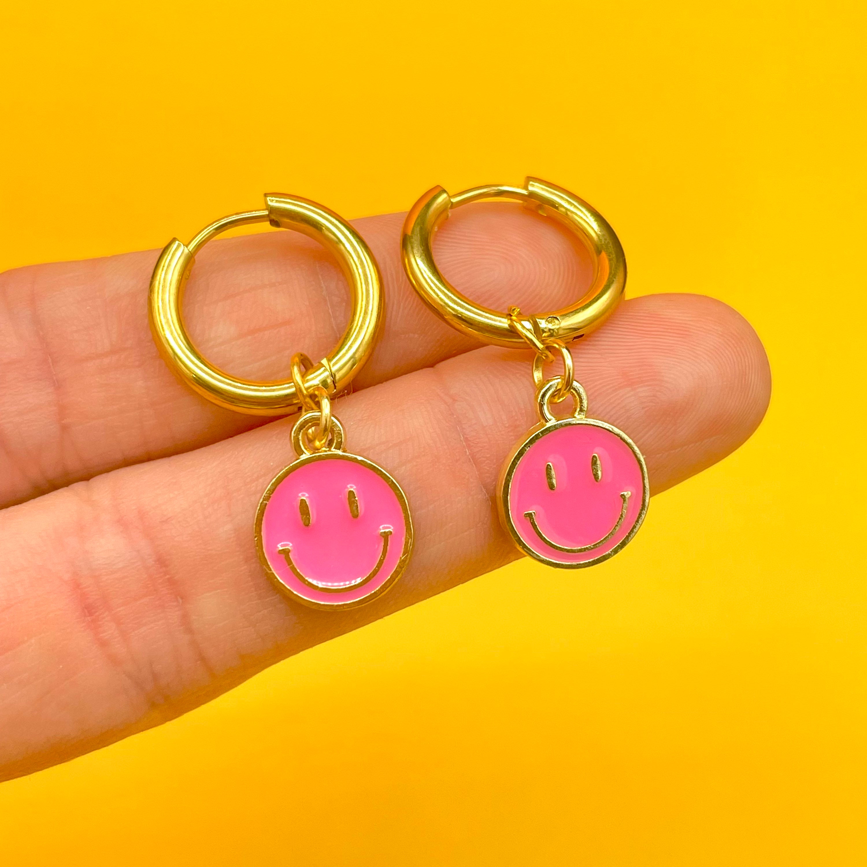 Smiley huggie hoops Huggie earrings pink smiley face huggies huggie earrings gold gold huggie hoops