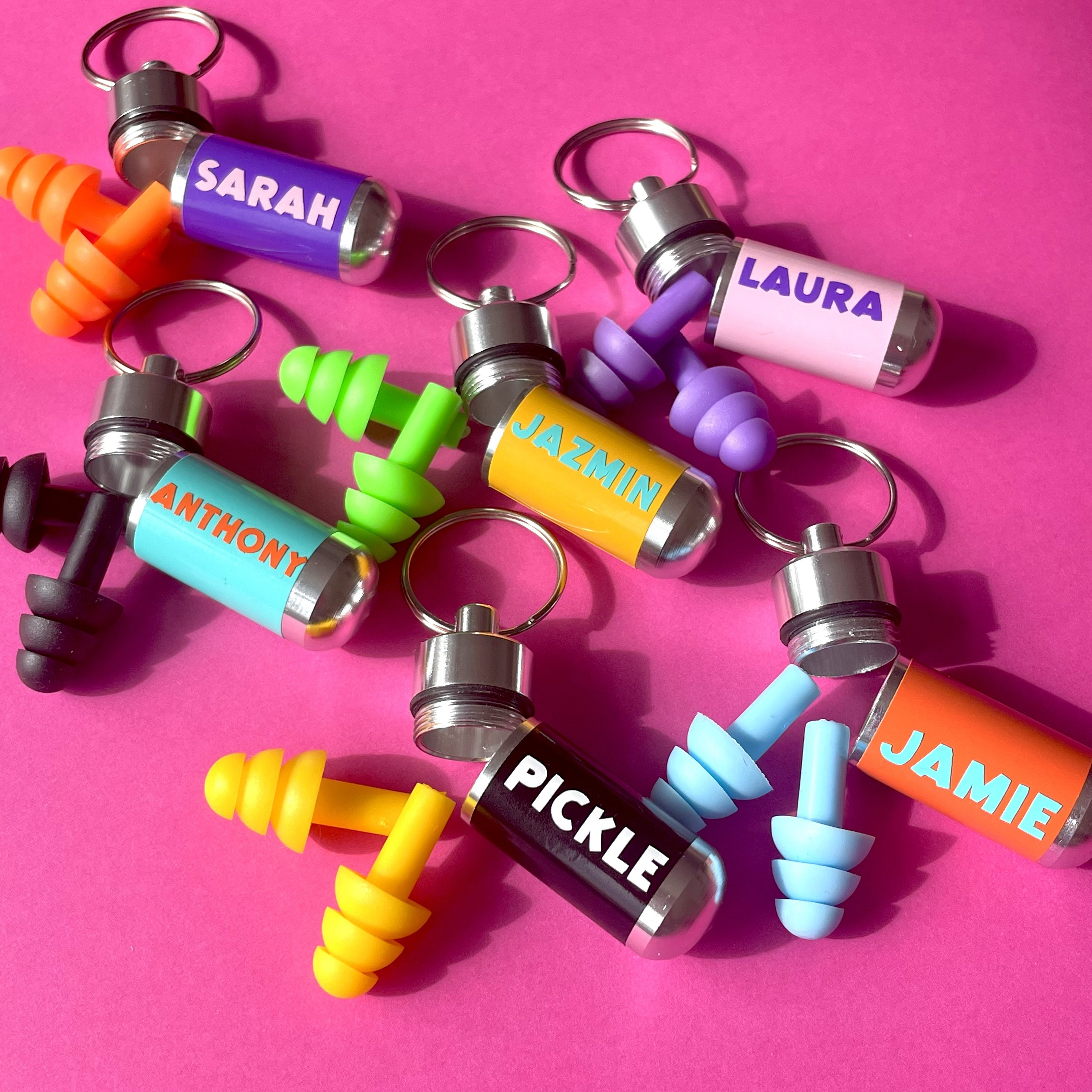 Custom Labeled Ear Plug Cases with Keychains and Ear Plugs--Full