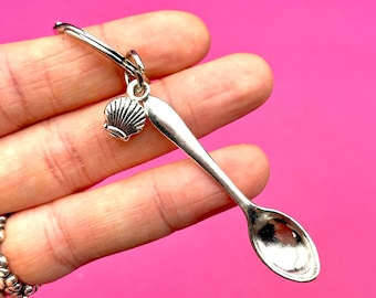 Spoon keychain | cute & quirky, mini spoon keychain, silver, shell charm | spoon keyr, mini spoon keyr, little spoon keychain