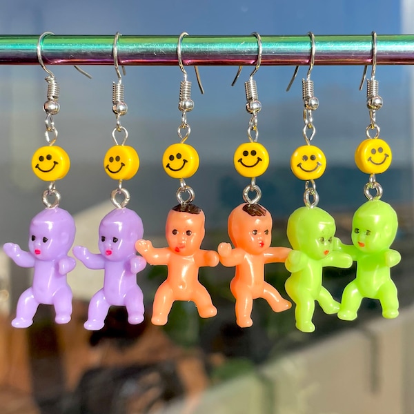 Weird earrings, baby earrings with smiley faces and colourful beads, weird earrings, quirky earrings, funky earrings, odd earrings