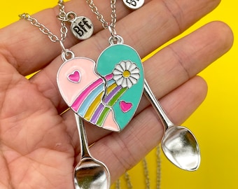 Spoon necklace, Y2K friendship necklace, bff daisy rainbow charm good luck, mini spoon