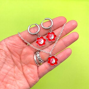 Ying Yang Flower Jewelry Set: Enamel Charm Necklace & Huggie Earrings