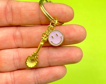 Cute lilac smiley spoon keychain, spoon keyring, good luck charm, gold spoon keyring