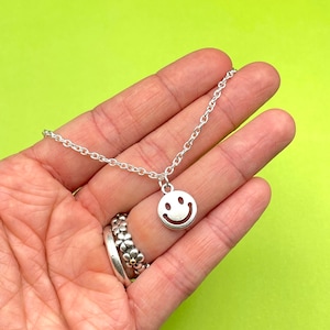 Silver Smiley Face Charm Necklace - Minimalist 20-inch Chain