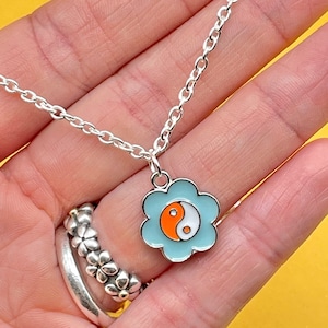Y2K Yin Yang Charm Necklace: Mint & Orange Flower, Silver Chain