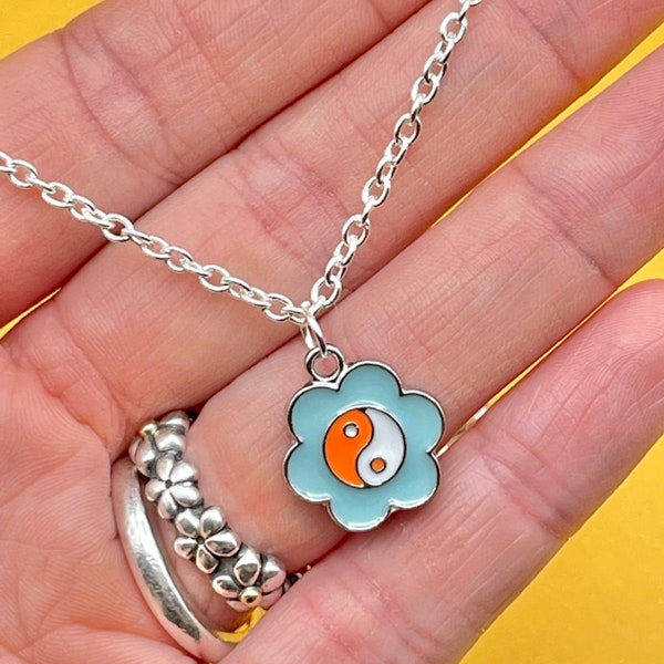 Pendants yin yang charm necklace, mint & orange, y2k necklace, silver yin and yang