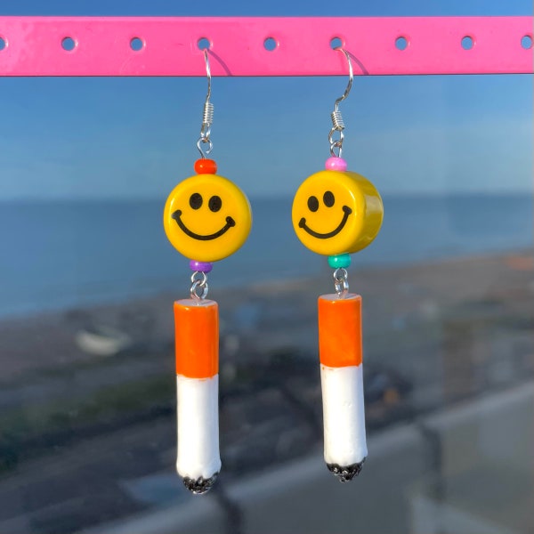 Weird cigarette & smiley face earrings, mismatched earrings, weird earrings, quirky earrings, funky earrings, dangle and drop