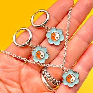 Yin Yang Flower Jewelry Set: Enamel Charm Huggie Hoops & Necklace