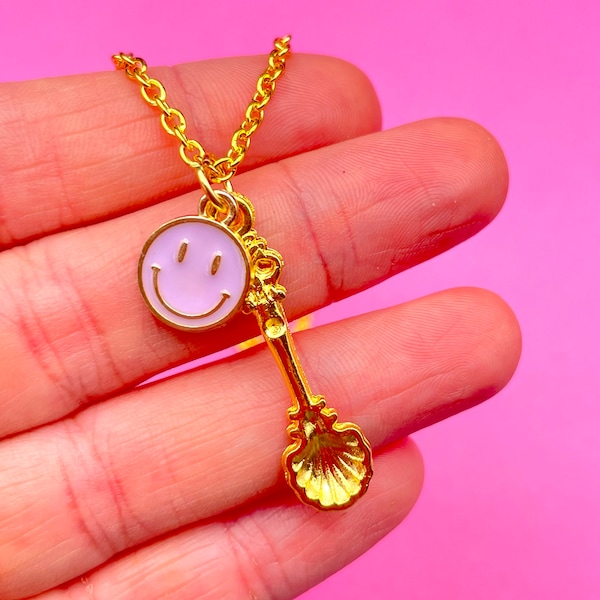 Spoon Necklace | teeny tiny spoon charm, mini good luck spoon necklace, gold spoon & lilac smiley face charm, spoon necklace Uk