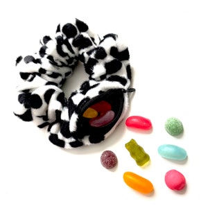 Soft dalmation stash scrunchie, handmade scrunchie with a hidden zip pocket