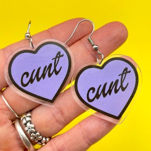 Lilac heart C**t earrings, weird earrings, quirky earrings, vulgar earrings, dangle and drop cunt earrings