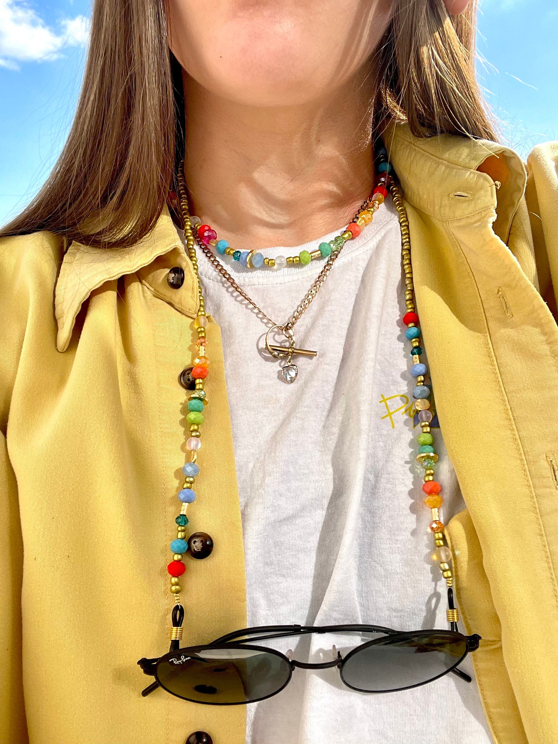 Chunky gold sunglasses chain with rainbow glass beads Beaded Etsy
