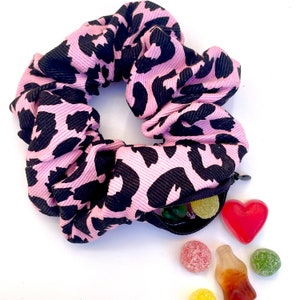 Stash scrunchie | rave, zipper scrunchie, hidden storage, stashie, secret pocket, rave outfit | pink and black leopard cotton