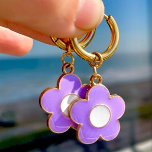 Flower huggie hoops | lilac daisy charms, small gold hoops, novelty earrings