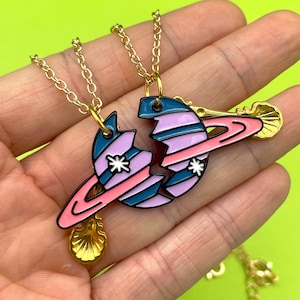 Best friends spoon necklace, best friends necklace, Y2K friendship necklace, gold spoon and planet, good luck, mini spoon