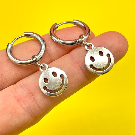 Smiley huggie hoops Silver huggie smiley face earrings smiley face earrings fun earrings funky earrings trendy earrings Etsy