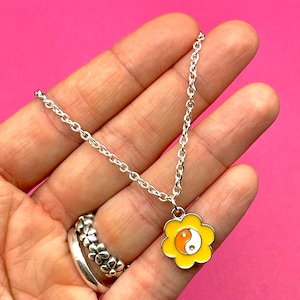 Yin Yang Charm Necklace: Yellow Flower, Silver Plated Chain