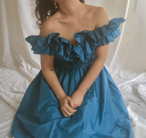 Vintage Off Shoulder Ruffled Teal Cocktail Dress,