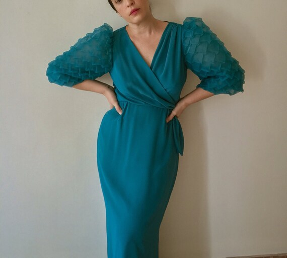 Vintage Miss Elliette Teal Blue Gown, Vintage Pine