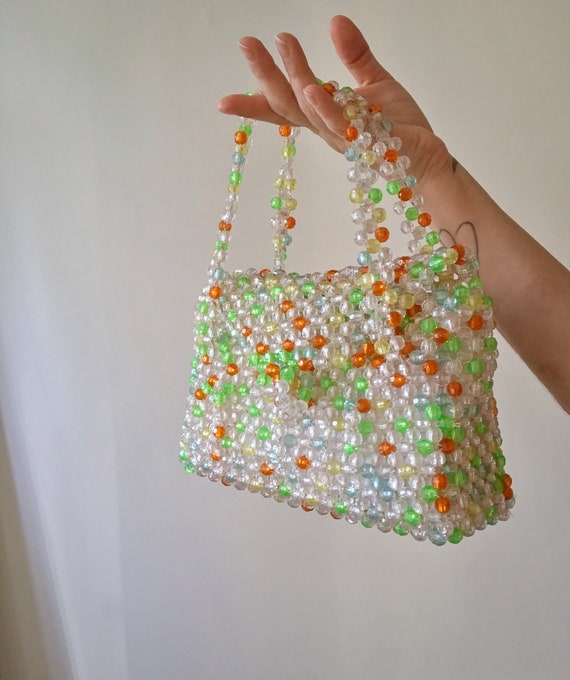 Vintage 1960s Clear Beaded Bag, Vintage Beaded Bag
