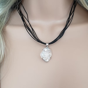Sparkly 925 Sterling Silver Large Crystal clear double pointed Herkimer Diamond pendant, Natural Raw Quartz pendant , leather necklace, gift