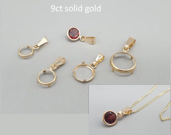 9Ct 9K yellow gold round pendant bezel cup with a bail, 4mm 5mm 6mm 7mm 9mm pendant setting blank for round cut stones, solid gold findings