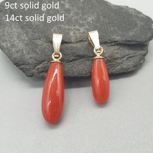 Solid Yellow Gold Red Coral Pendant With Snap on Bail, 9k 14k / 9ct 14ct gold, 14x5mm 10x4mm Natural Mediterranean Italian Coral Drop Stone