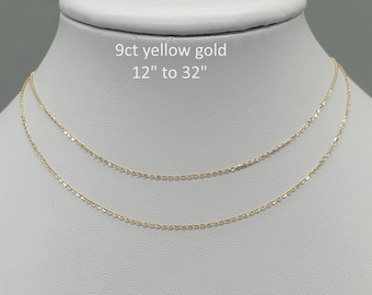 Glittrande kedja i 9 karat gult guld, 30-80 cm, 1 mm högpolerad platt O-länkkedja, smycken i 9 karat 375 massivt guld, present