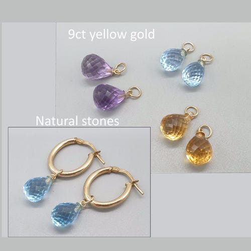 Créoles en or jaune 9 carats, citrine et améthyste, topaze bleue, boucles d'oreilles créoles en briolette à facettes naturelles, pendentifs en or massif 9 carats 375