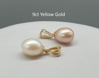 9ct Yellow Gold Freshwater Pearl Pendant, Ivory or Rose Lustre Cultured Pearl Pendant, 9K 375 Solid Gold Jewellery Gift