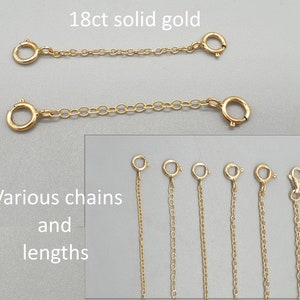 18Ct 18K Yellow Gold Two Clasp Extender Safety Chain, 0.5" to 4" Trace Chain Jewellery Extension Connector, Light and Heavy 750 Solid Gold