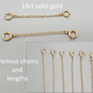 18Ct Yellow Gold Two Clasp Extender Safety Chain, 0.5&quot; to 4&quot; Trace Chain Jewellery Extension Connector, Light and Heavy 18K 750 Solid Gold
