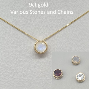 9Ct 9K yellow gold gemstone sliding pendant, Natural stone 6mm pendant, Moonstone Garnet Topaz, curb chain necklace, Solid gold jewellery