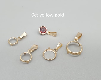 May include: Several 9ct yellow gold pendant settings are displayed. One setting holds a red gemstone. The settings are in various shapes, including round and oval, and are designed to hold gemstones. The text "9ct yellow gold" is visible.