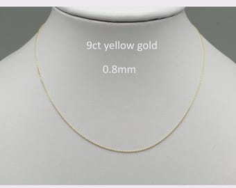Sparkly 9ct Yellow Gold Diamond Cut Trace Chain 16'' 18'' 20'' 22'',  0.8mm Fine Delicate Necklace 9K 375 Solid Gold