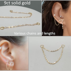 Sparkly 9Ct 9K yellow gold earring jacket chain, fine trace chain  1"- 2"-3" extendable, multiple stud earrings chain, solid gold jewellery