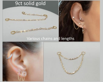 Sparkly 9Ct 9K yellow gold earring jacket chain, fine trace chain  1"- 2"-3" extendable, multiple stud earrings chain, solid gold jewellery