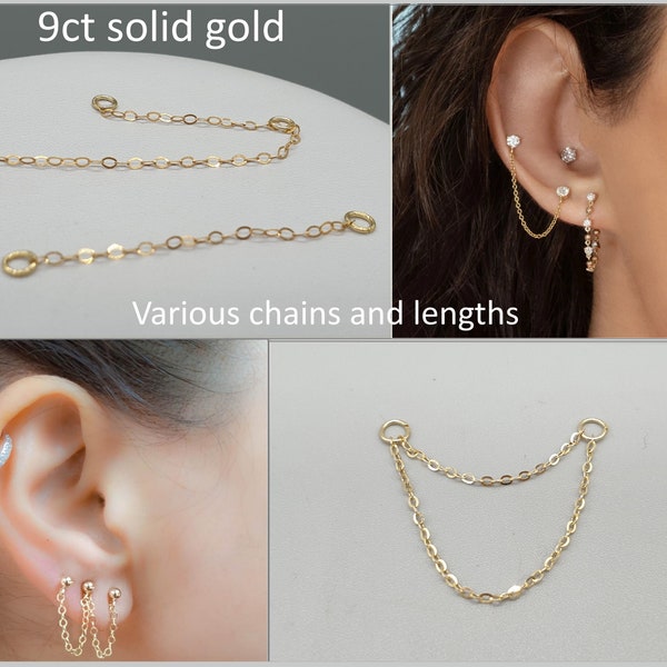 Boucles d'oreilles en chaîne scintillante en or jaune 9 carats, chaîne fine de 2,5 à 2 pouces (3 pouces) extensible, plusieurs boucles d'oreilles en chaîne, bijoux en or massif