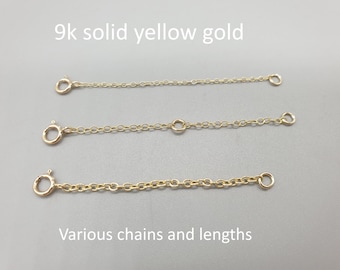 9ct Solid Yellow Gold Chain Extender, 1&quot;-2&quot;-3&quot;-4&quot;, Bolt Ring Spring Clasp Trace Chain Extension Safety Chain,9K 375 Bracelet Anklet Necklace