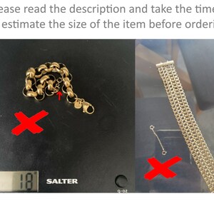 May include: Gold-toned jewelry pieces, including a chain bracelet and a mesh-style bracelet, are displayed on a black surface. The image includes text that reads, "Please read the description and take the time to estimate the size of the item before ordering."