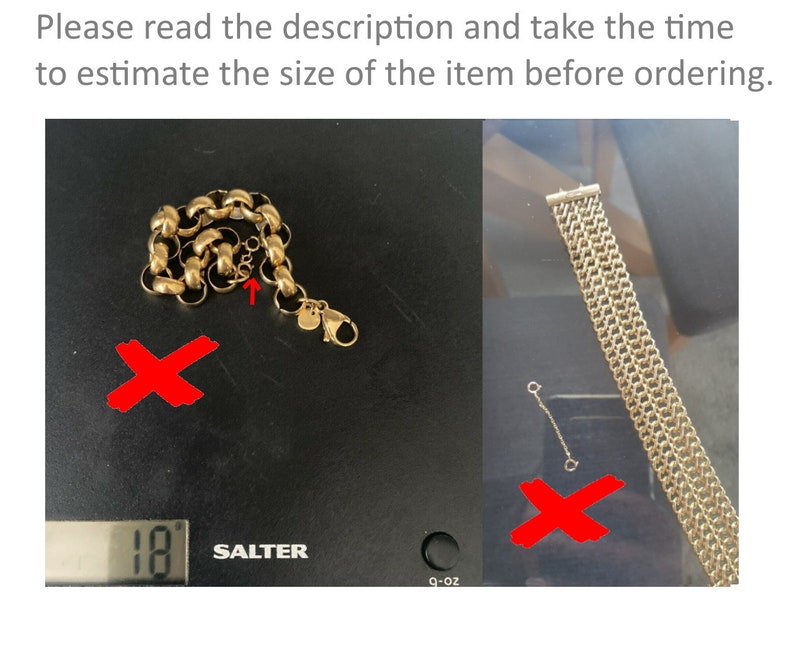 May include: Gold-toned jewelry pieces, including a chain bracelet and a mesh-style bracelet, are displayed on a black surface. The image includes text that reads, "Please read the description and take the time to estimate the size of the item before ordering."