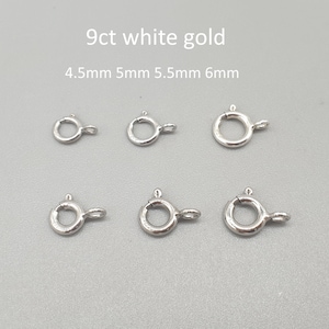 9ct White Gold Spring Clasp Bolt Ring, 4.5mm 5mm 5.5mm 6mm Open Ring Rhodium Plated Clasp Replacement, 9K 375 Solid Gold Jewellery Findings