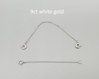 9Ct White Gold Chain Extender, 0.5&quot; to 4&quot; Trace Chain Two Spring Clasp Ring Safety Chain Connector, 9K 375 Solid White Gold Rhodium Plated