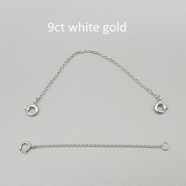 9Ct 9K White Gold Chain Extender, 0.5" to 4" Rhodium Plated Trace Chain Two Spring Clasp Ring Safety Chain Connector, 375 Solid Gold