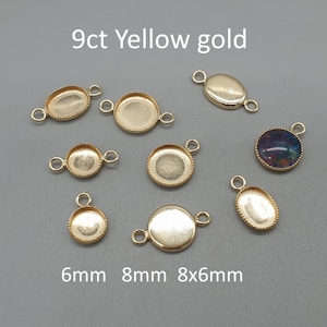 9ct Yellow Gold Milled Edge Bezel Cup Setting, 9K Solid Gold Round Oval Pendant Connector 6mm 8mm 8x6mm Blank for Cabochon Stones, 1 Piece