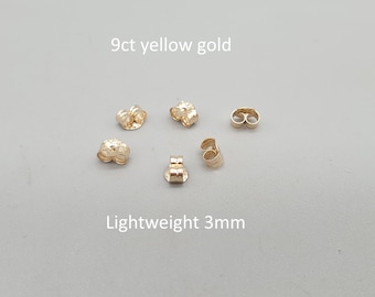 Pair of 9ct Yellow Gold Butterfly Earring Backs Lightweight Fine Scrolls 3mm , 9K 375 Solid Gold Earring Backs Jewellery Findings