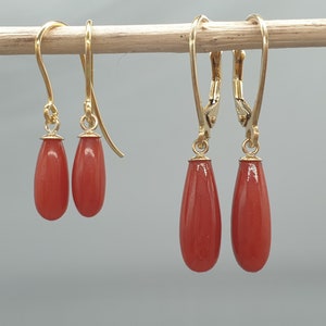 9ct Yellow Gold Mediterranean Red Coral Drop Dangle Earrings, 10x4mm 14x5mm Natural Coral Stones, Safety Lever back Hooks, 9K Solid Gold