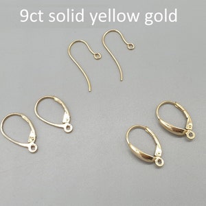 Pair of 9Ct 9K yellow gold earring hook settings, ear wire continental lever back safety hooks open loop, 375 solid gold jewellery findings